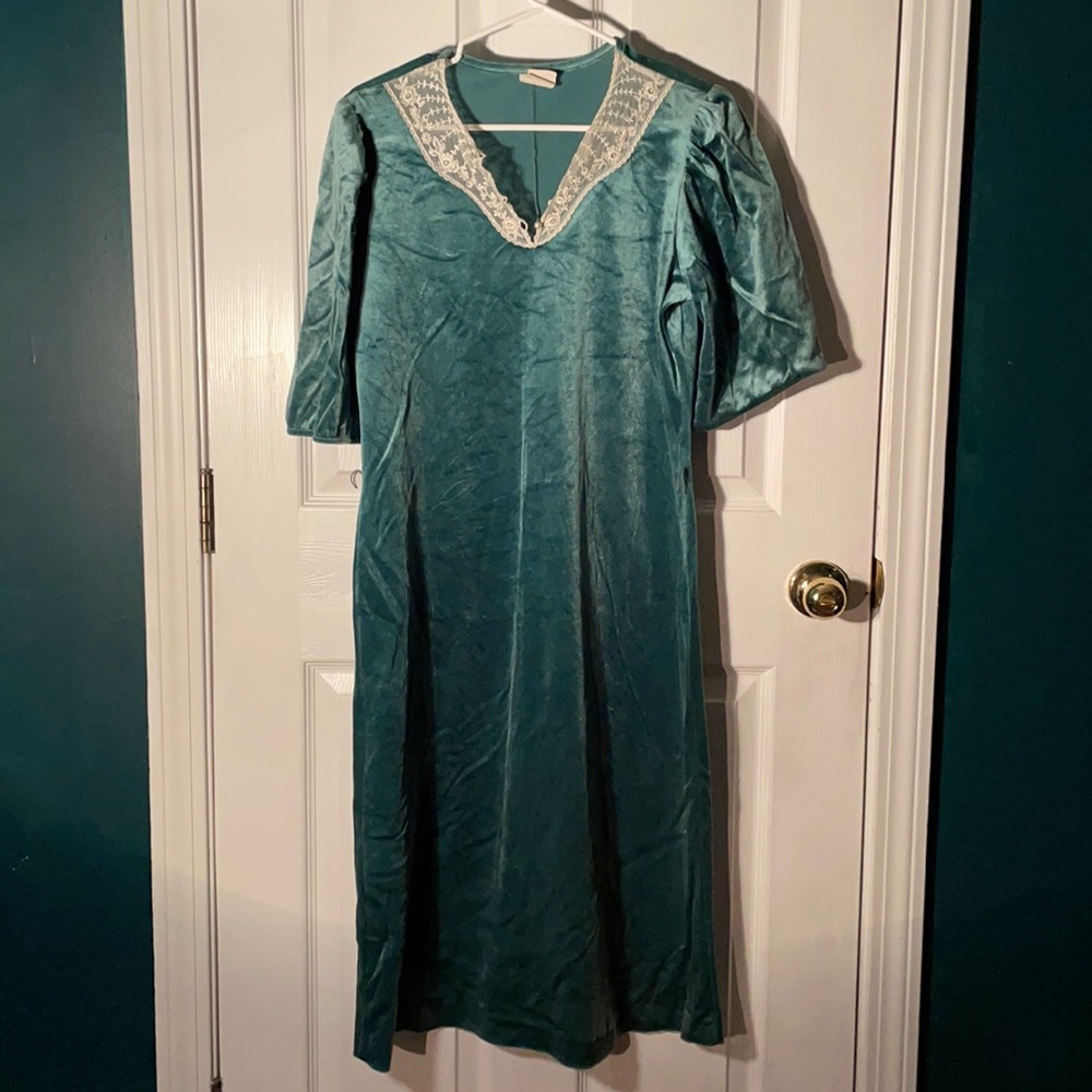 Cute hipster retro vintage pale green velvet dress with embroidered lace collar